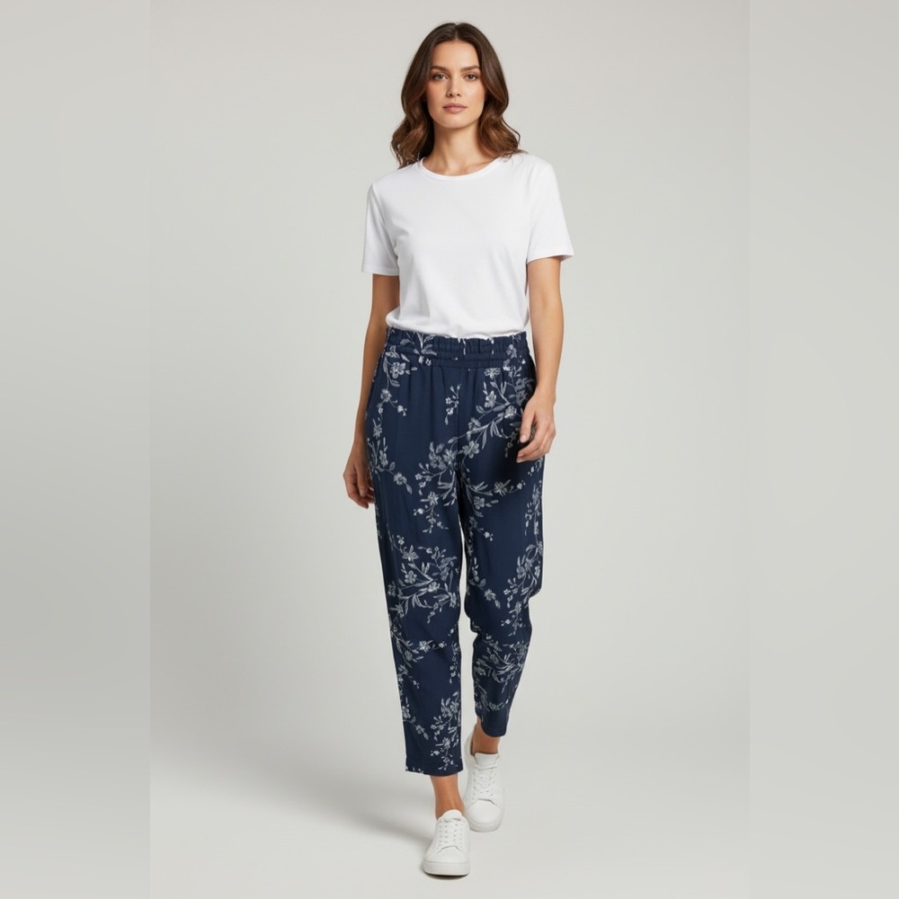 Anyhold  Women’s Size M Pull On Elastic Waist Drawstring Blue Floral Cari Pants